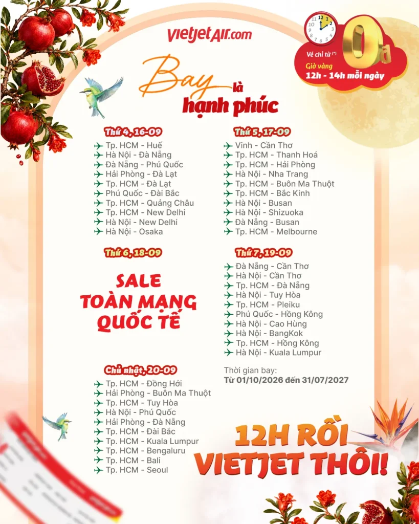 “12h rồi, Vietjet thôi” – Vé bay 0 đồng khung giờ vàng 12h-14h mỗi ngày